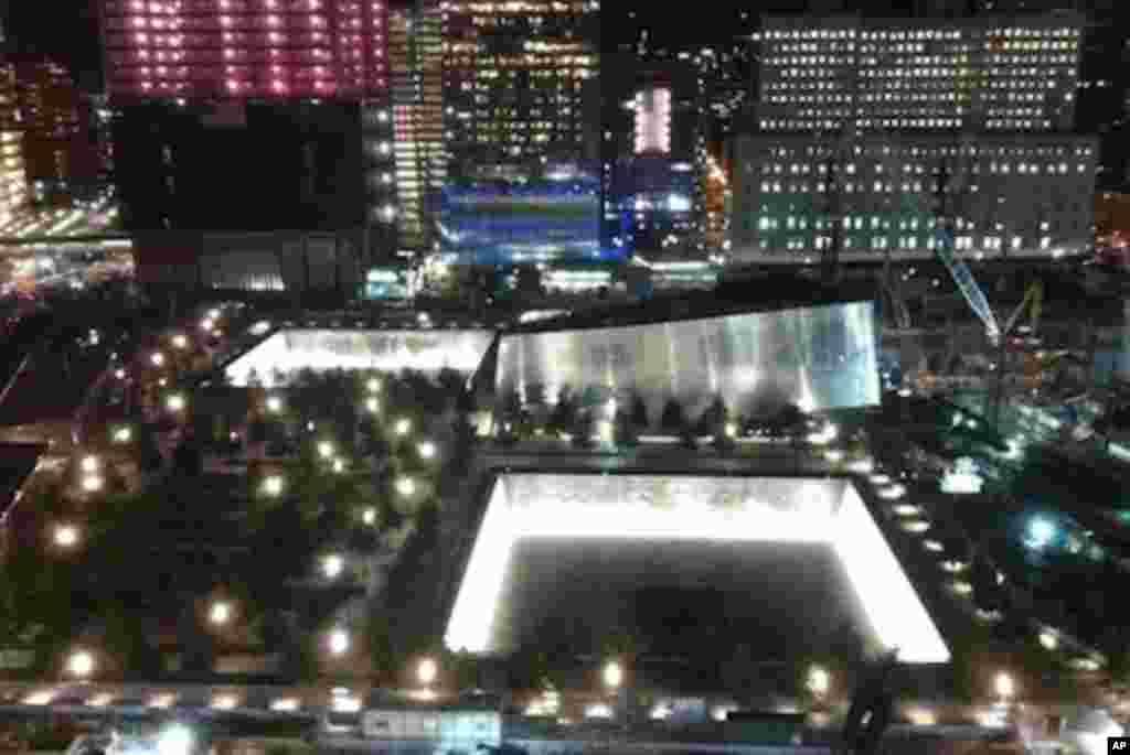 The September 11th Memorial in New York City is see the night before the 10th anniversary of the attacks.