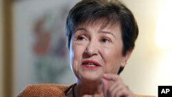 FILE: Kristalina Georgieva, Managing Director of the International Monetary Fund (IMF), speaks during an interview with The Associated Press in Berlin, Germany, Tuesday, Nov. 29, 2022