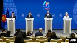 ASEAN and EU leaders hold a press conference during the EU-ASEAN (Association of Southeast Asian Nations) summit at the European Council headquarters in Brussels on December 14, 2022.