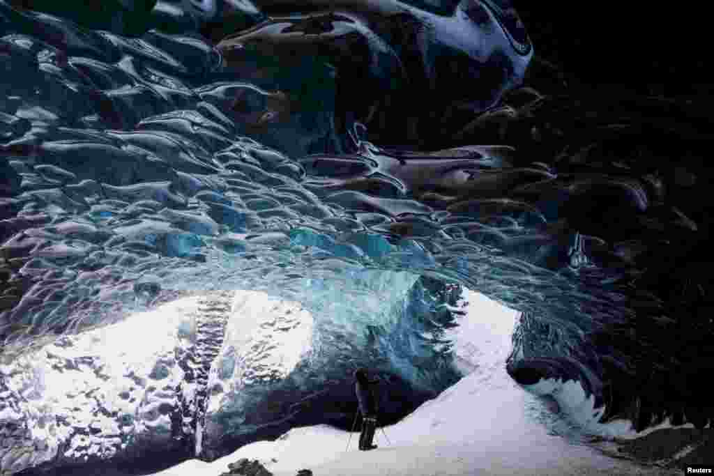 An ice cave is seen at Jokulsarlon glacier lagoon during the winter in the southern coast of Iceland, Feb. 17, 2022.