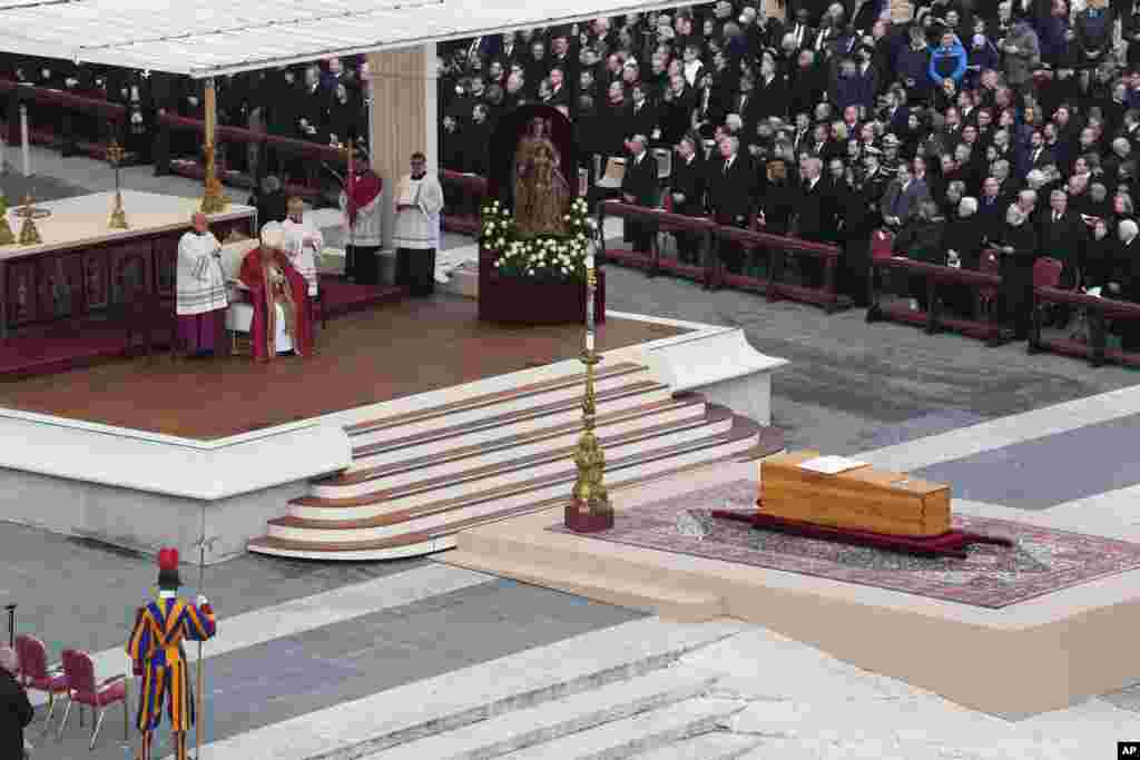 Pope Francis leads a funeral mass of late Pope Emeritus Benedict XVI in St. Peter&#39;s Square at the Vatican.