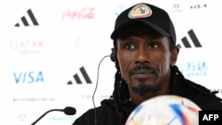 Senegalese coach Aliou Cissé attends a press conference at the Qatar National Convention Center (QNCC) in Doha on November 24, 2022, on the eve of the Qatar 2022 World Cup soccer match between Qatar and Senegal. (Photo by OZAN KOSE / AFP)