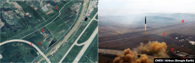 북한이 지난달 18일 대륙간탄도미사일(ICBM)을 발사한 것으로 추정되는 순안공항 일대를 촬영한 위성사진(왼쪽)과 북한이 공개한 발사장면(오른쪽). 번호가 매겨진 각 지점이 같은 특성을 보인다. 자료=CNES / Airbus (Google Earth)
