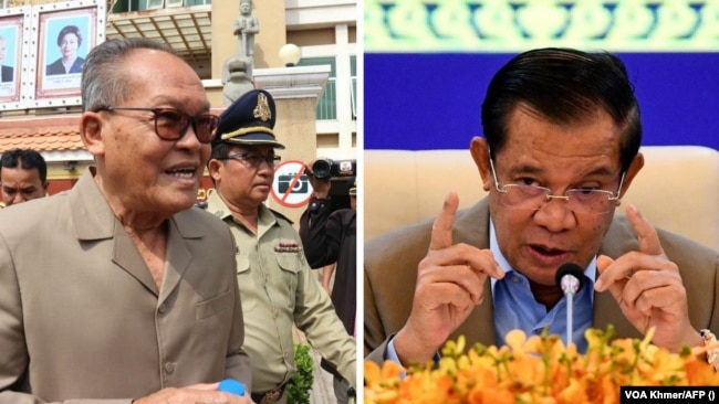 រូបថតផ្គុំបង្ហាញលោក គង់ គាំ (ឆ្វេង) អ្នកនយោបាយជើងចាស់ខ្មែរមួយរូបនិង​ទីប្រឹក្សា​ជាន់​ខ្ពស់​របស់​គណបក្ស​ភ្លើងទៀន និងលោកនាយករដ្ឋមន្ត្រី ហ៊ុន សែន (ស្តាំ)។