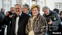 FILE - King Constantine II and Queen Anne-Marie arrive at Fredensborg Castle in Denmark to celebrate the 75th birthday of Queen Margrethe II of Denmark on April 16, 2015. (Ritzau Scanpix via Reuters)