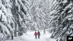 ILUSTRASI - Turis berjalan melewati Hutan Thuringian yang tertutup salju di Oberhof, Jerman, Jumat, 15 Januari 2016. (AP /Jens Meyer)