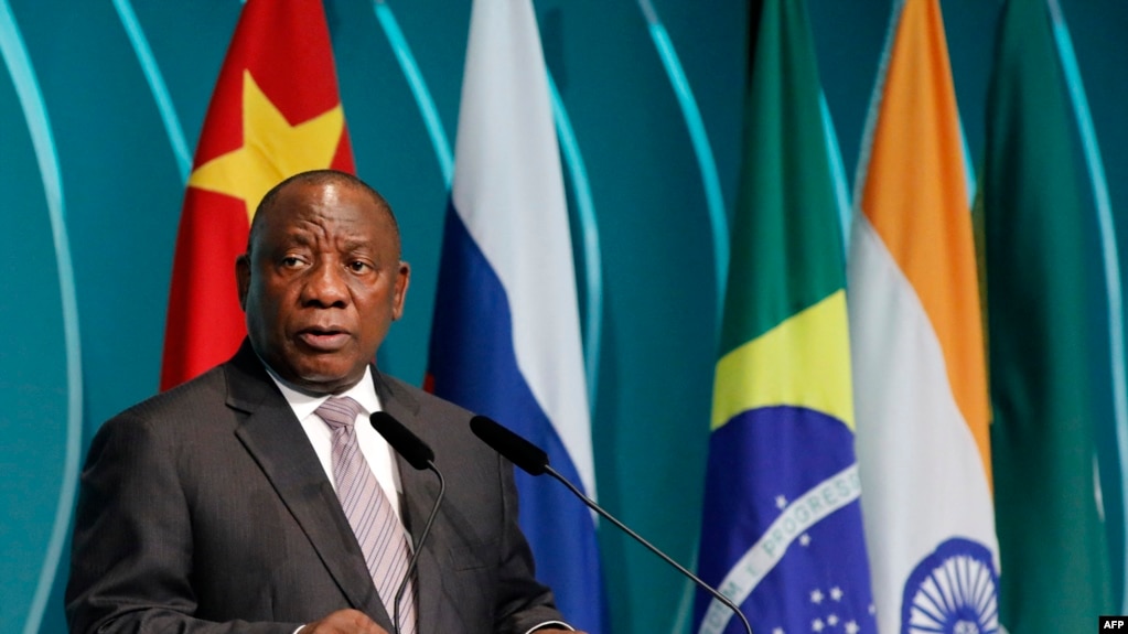 FILE - South Africa's President Cyril Ramaphosa speaks during the BRICS Business Council prior to the 11th edition of the BRICS Summit, in Brasilia, on Nov. 13, 2019.