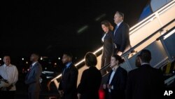 U.S. Vice President Kamala Harris and her husband Doug Emhoff arrive at Ninoy Aquino International Airport in Manila, Philippines, Nov. 20, 2022.