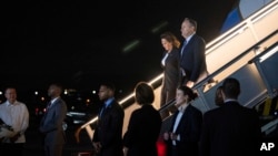 U.S. Vice President Kamala Harris and her husband Doug Emhoff arrive at Ninoy Aquino International Airport in Manila, Philippines, Nov. 20, 2022.