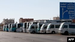 Jordanian bus drivers strike to protest rising fuel prices, in the province of Maan, Jordan, Dec. 16, 2022.