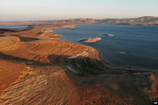 Water levels are low at San Luis Reservoir, which stores irrigation water for San Joaquin Valley farms, in Gustine, Calif., Sept. 14, 2022. (AP Photo/Terry Chea, File)