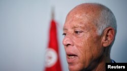 FILE - President Kais Saied speaks during an interview with Reuters, Tunis, September 17, 2019.