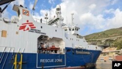 The Geo Barents rescue ship carrying rescued migrants in the Mediterranean Sea is docked at Salerno harbor, Italy, Dec. 11, 2022.