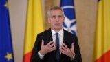 NATO Secretary-General Jens Stoltenberg speaks during joint statements with Romanian President Klaus Iohannis in Bucharest, Romania, Nov. 28, 2022, a day before the start of the meeting of NATO foreign ministers.