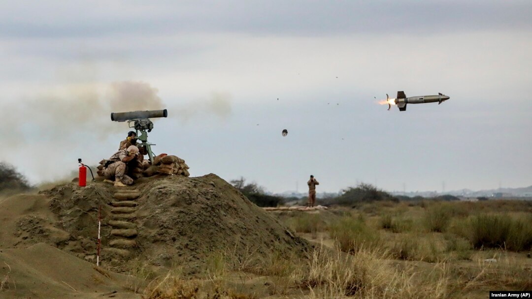 A missile is launched in an annual drill in the coastal area of the Gulf of Oman and near the strategic Strait of Hormuz, Dec. 30, 2022. 
