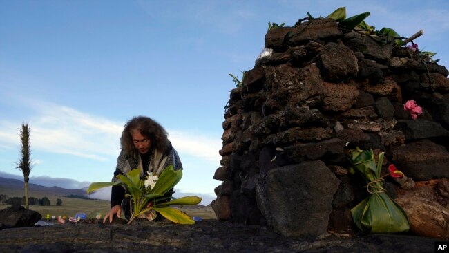 Illona Ilae, a Native Hawaiian from Kailua-Kona, Hawaii, leaves an offering in front an alter below the Mauna Loa volcano as it erupts, Dec. 1, 2022, near Hilo, Hawaii.