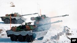 This undated photo provided Jan.5, 2023 by the French Army shows AMX-10 RC tanks. France said Wednesday Jan.4, 2023 it will send French-made AMX-10 RC light tanks to Ukraine, the first tanks from a Western European country.