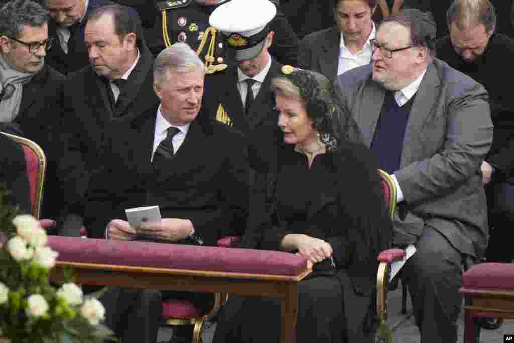 Belgian King Philippe and Queen Mathilde, center, attend the funeral of late Pope Emeritus Benedict XVI in St. Peter&#39;s Square at the Vatican, Jan. 5, 2023.