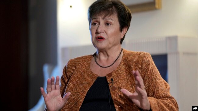 FILE - Kristalina Georgieva, Managing Director of the International Monetary Fund, speaks during an interview with The Associated Press in Berlin, Germany, Nov. 29, 2022.