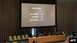 Countries vote on the removal of Iran from the Commission on the Status of Women at U.N. headquarters in New York, Dec. 14, 2022. 