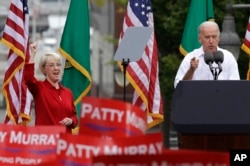 In this file photo, Sen. Patty Murray attends a political rally with then Vice President Joe Biden on the campus of the University of Washington - Tacoma, Oct. 8, 2010.