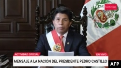 This screen grab from a handout video published by the Peruvian Presidency shows Pedro Castillo delivering a televised message to the nation shortly before he was ousted as Peru's president on Dec. 7, 2022.