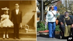 In these photos provided by the Fouther Family Archives and Ariel Kane are Elizabeth Fouther-Branch and Bobby Fouther as children standing in front of their great-aunt’s home and in 2021 standing in the front of the parking lot where the house used to be in Portland, Ore. 