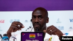 Ghana's coach Otto Addo addresses a press conference ahead of their 2022 FIFA World Cup group match against Uruguay