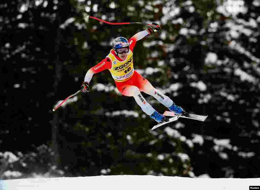 Switzerland&#39;s Marco Odermatt compets during the men&#39;s downhill alpine skiing in the FIS Alpine Ski World Cup in Val Gardena, Italy.