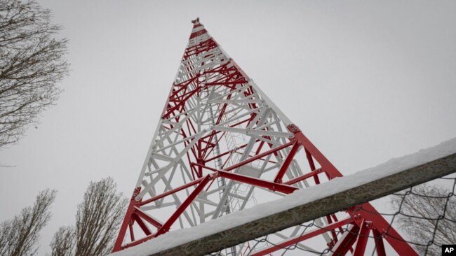 A view of a phone tower of Ukrainian mobile telephone network operator Kyivstar seen in the outskirts of Kyiv, Ukraine, Nov. 30, 2022.