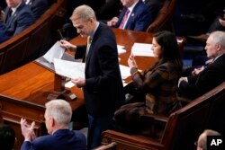 Rep. Jim Jordan, R-Ohio, nominates Rep. Kevin McCarthy, R-Calif., bottom left, for House Speaker ahead of a second round of voting during opening day of the 118th Congress at the U.S. Capitol, Jan 3, 2023, in Washington.