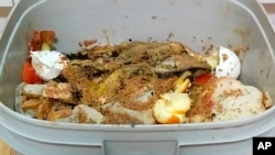 This image shows layers of kitchen scraps covered with bran inoculant in a specialized composting bucket. (bokashiliving.com via AP)