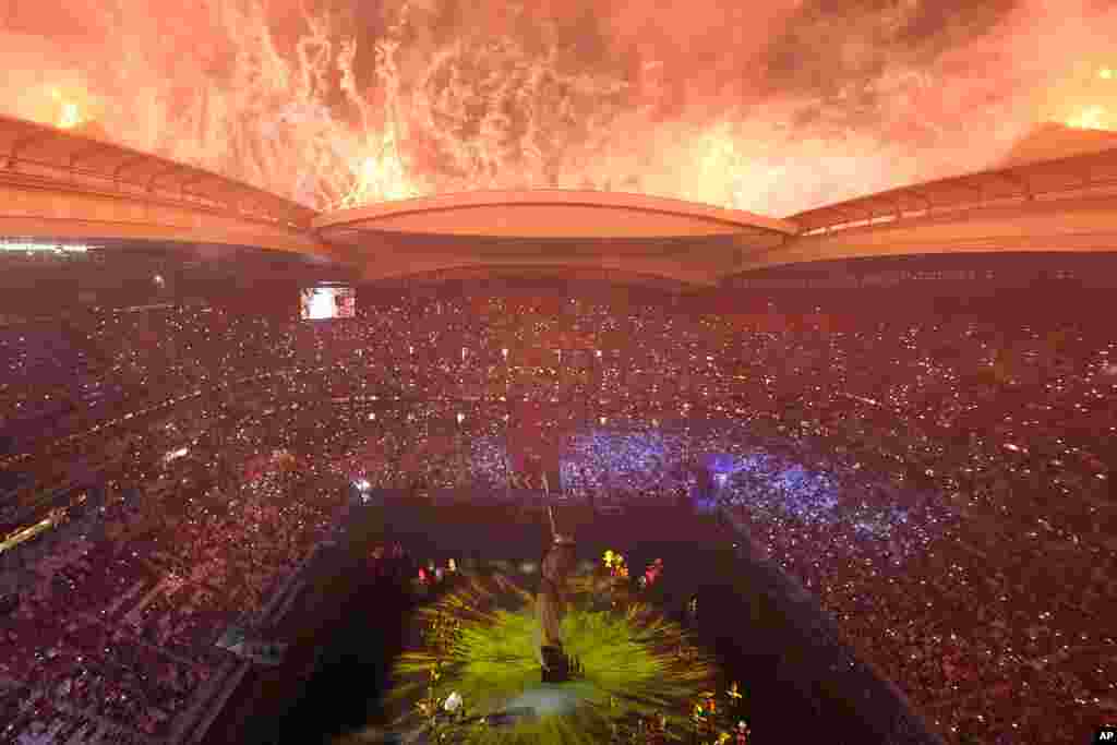 View of the fireworks at the Al Bayt Stadium during the opening ceremony before the World Cup opening match.