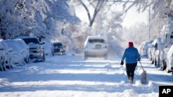 Una persona pasea con un perro por la calle South Pennsylvania después de que una tormenta invernal arrasara las montañas del oeste y arrojara hasta ocho pulgadas de nieve, el 29 de diciembre de 2022 en Denver, Colorado, EEUU.