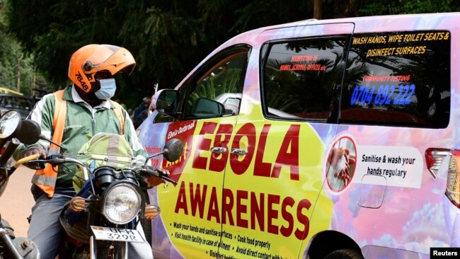 An Ebola Awareness van drives along Kyadondo Road amid an Ebola outbreak, in Kampala, Uganda, Oct. 27, 2022.