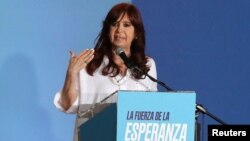 FILE - Argentina's Vice President Cristina Fernandez de Kirchner speaks onstage during a party rally inside the Diego Maradona stadium, in La Plata, on the outskirts of Buenos Aires, Argentina, Nov. 17, 2022.