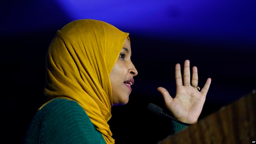 FILE - US Rep. Ilhan Omar, D-Minn., speaks to the crowd at the Minnesota Democratic Farmer Labor Party's election night party after winning reelection early Wednesday morning, Nov. 9, 2022, in St. Paul, Minn.