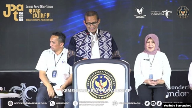 Menteri Pariwisata dan Ekonomi Kreatif, Sandiaga Salahuddin Uno dalam Jumpa Pers Akhir Tahun, Senin (26 Desember 2022). (Foto : Tangkapan Layar)