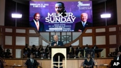 President Joe Biden speaks at Ebenezer Baptist Church in Atlanta, Georgia, Jan. 15, 2023, during a service honoring late civil rights icon Martin Luther King Jr.