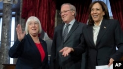 Sen. Patty Murray with husband Rob Murray and Vice President Kamala Harris on Jan. 3, 2023, the day she was sworn in as Senate president pro tempore, on Capitol Hill in Washington. 