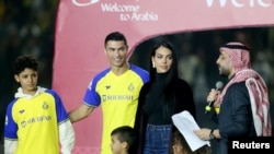 FILE: Football - New al-Nassr star Cristiano Ronaldo is unvelied at Mrsool Park, Riyadh, Saudi Arabia on January 3, 2023 with his partner Georgina Rodriguez and kids during his presentation 