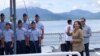 In this photo provided by the Philippine Coast Guard, U.S. Vice President Kamala Harris waves on board the Philippine Coast Guard BRP Teresa Magbanua (MRRV-9701) during her visit to Puerto Princesa, Palawan province, western Philippines, Nov. 22, 2022. 