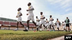 Cameroon's national team, also known as the Indomitable Lions football players, wear their new One All Sports equipment during training at the Ahmadou Ahidjo stadium, in Yaounde on November 6, 2022, ahead of the FIFA World Cup 2022.