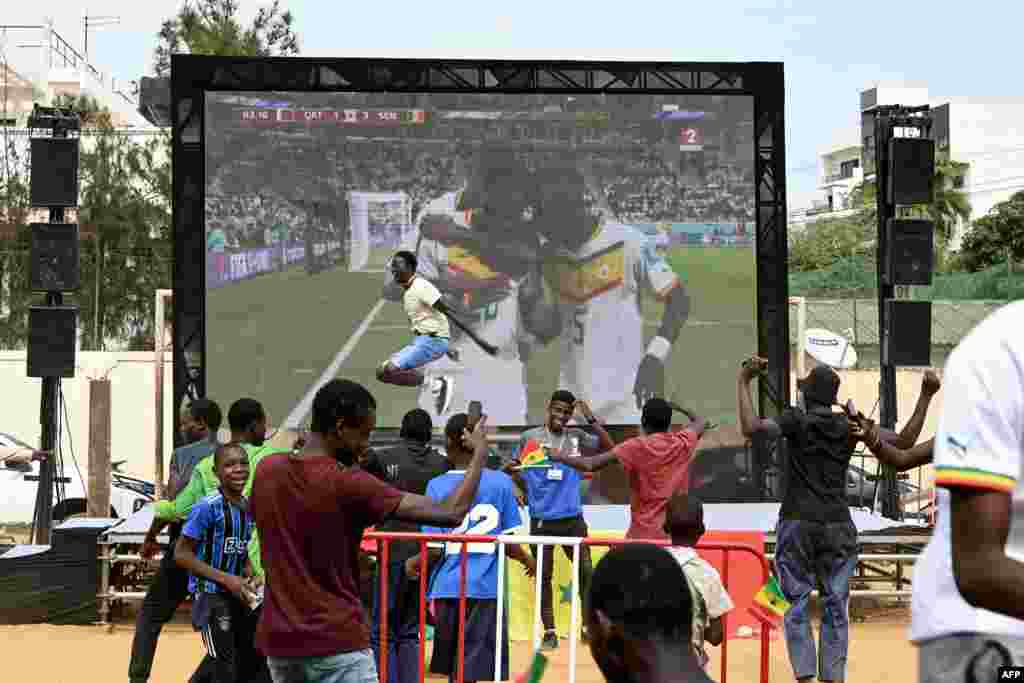 Bakumisi ba Sénégal baike bazali kosepela nsima na kotala na etando ya bilili elonga ya ekipiki ba bango 3-1 liboso lya eye ya Qatar na Mondial Qatar 2022, esika bazami na Dakar engumba mokonzi ya Sénégal, 25 novembre 2022, (Photo by SEYLLOU / AFP)