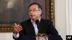 FILE- Colombian President Gustavo Petro speaks at the Narino Palace presidential office in Bogota, Colombia, Nov. 15, 2022. 