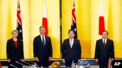 9일 일본 도쿄에서 외교·국방 ‘2+2’ 장관회의가 열렸다. 왼쪽부터 페니 웡 호주 외교장관과 리처드 말스 국방장관, 하야시 요시마사 일본 외무상과 하마다 야스카즈 방위상.