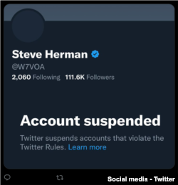 Twitter users on Dec. 15, 2022, were sharing this image of the notice posted on the account of VOA's Steve Herman. His account has since been reinstated.