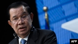 FILE - Cambodian Prime minister Hun Sen speaks during a press conference during the EU-ASEAN (Association of Southeast Asian Nations) summit at the European Council headquarters in Brussels on December 14, 2022.