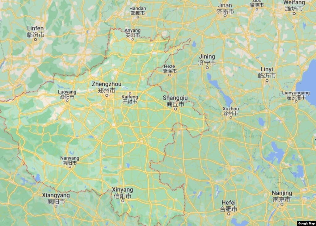 谷歌地图显示的中国河南省及主要城市的地理位置图。(photo:VOA)