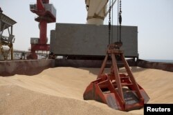 FILE - Wheat grain is seen on the MV Brave Commander vessel from Yuzhny Port in Ukraine as it docks in Djibouti, Aug. 30, 2022. (Hugh Rutherford/World Food Program/Handout via Reuters)